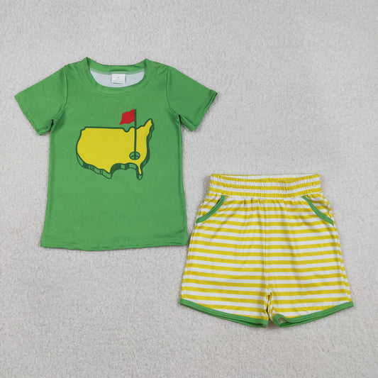 BSSO1673 Golf Course Red Flag Green Short-Sleeve Yellow Stripe Shorts Boys Sets 202601 RTS