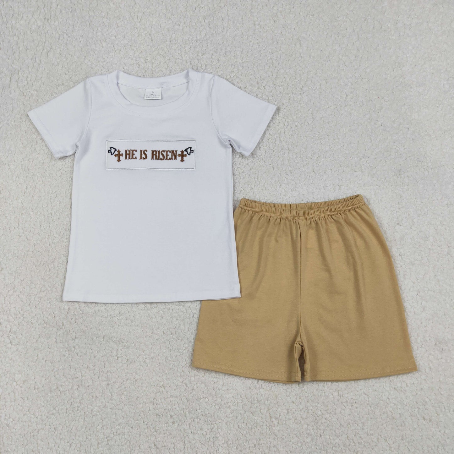 BSSO1674 Embroidered He is Risen Easter Cross White Short-Sleeve Khaki Shorts Boys Sets 202512 RTS