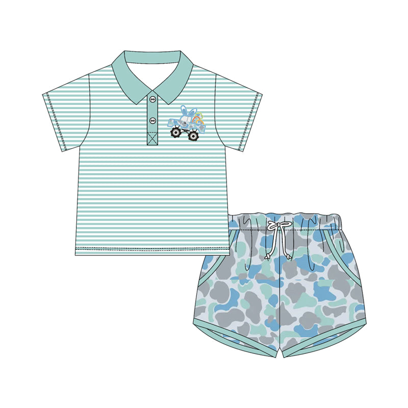 MOQ 5 PCS preorder BSSO1677 Easter Bunny Truck Blue Green Stripe Polo Short-Sleeve Camouflage Shorts Boys Sets 202511