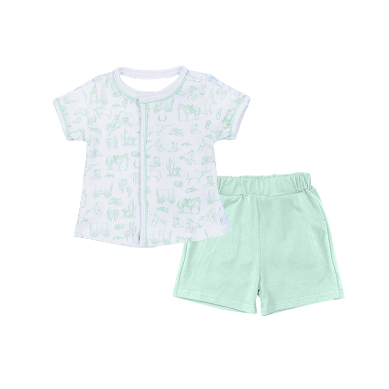 MOQ 5 PCS preorder BSSO1681 Horse-Themed White Short-Sleeve Light Green Shorts Boys Sets 202511