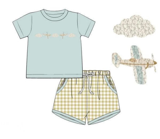 MOQ 5 PCS preorder BSSO1684 Cloud Airplane Blue Green Short-Sleeve Plaid Shorts Boys Sets 202511