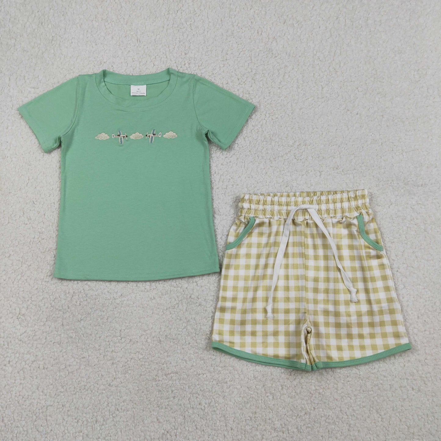 BSSO1684 Embroidered Cloud Airplane Blue Green Short-Sleeve Plaid Shorts Boys Sets 202603