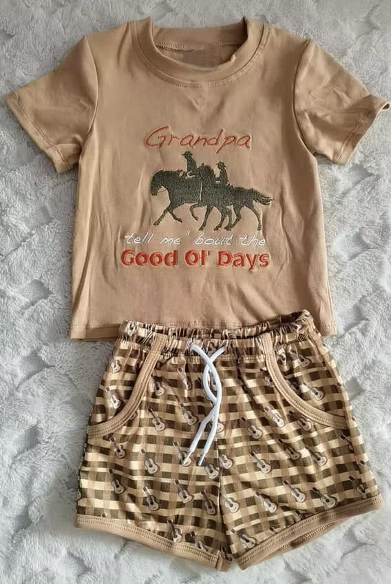 MOQ 5 PCS preorder BSSO1687 Grandpa Horse Riding Brown Short-Sleeve Stripe Shorts Boys Sets 202511