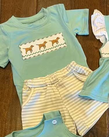 MOQ 5 PCS preorder BSSO1688 Puppy Blue Green Short-Sleeve Stripe Shorts Boys Sets 202511
