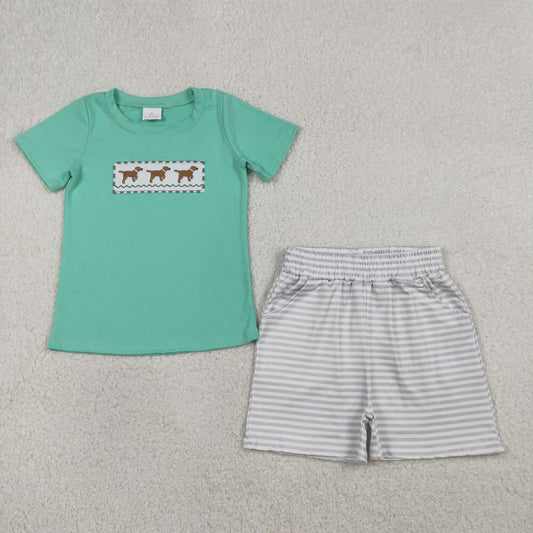 BSSO1688 Embroidered Puppy Blue Green Short-Sleeve Stripe Shorts Boys Sets 202601 RTS