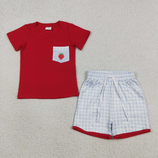 BSSO1692 Strawberry Pocket Red Short-Sleeve Blue Plaid Shorts Boys Sets 202604 RTS