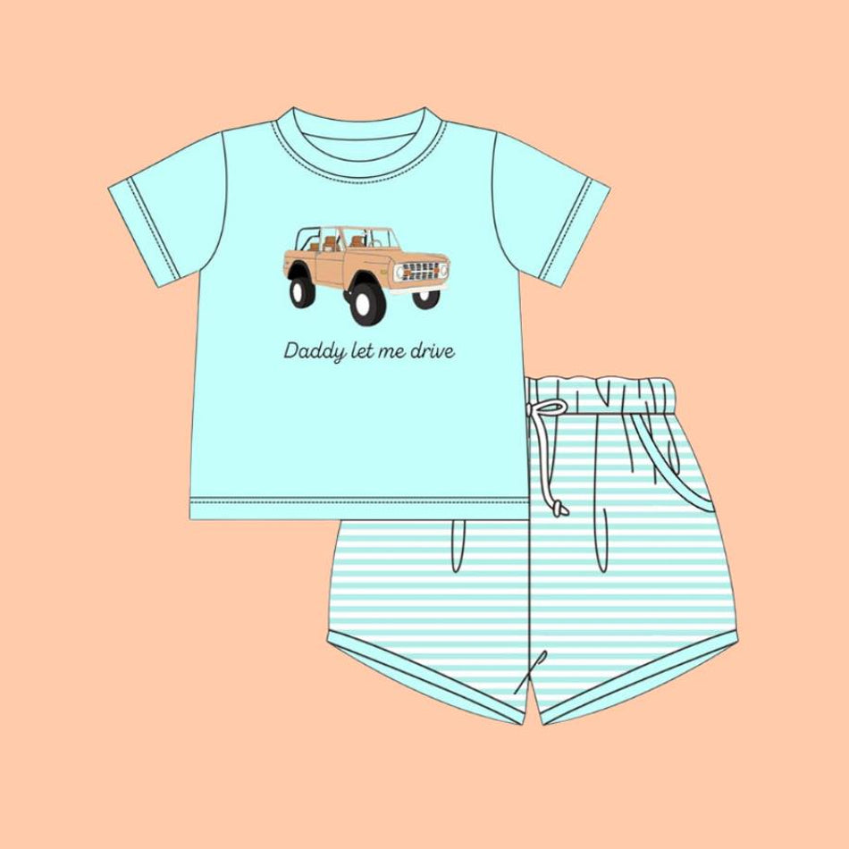 MOQ 5 PCS preorder BSSO1704 DADDY Let Me Drive Blue Green Short-Sleeved Stripe Shorts Boys Sets 202511