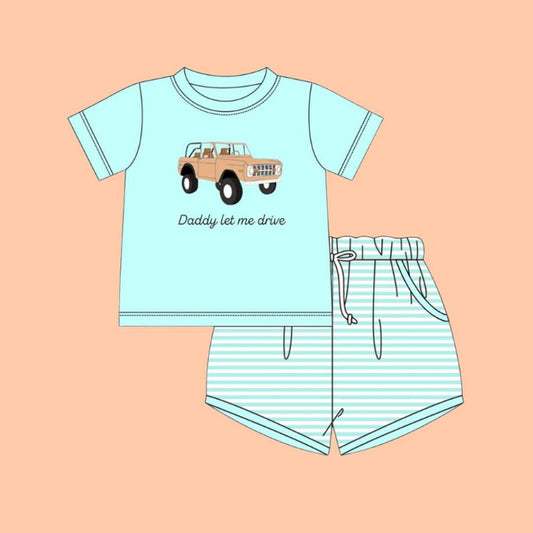 MOQ 5 PCS preorder BSSO1704 DADDY Let Me Drive Blue Green Short-Sleeved Stripe Shorts Boys Sets 202511