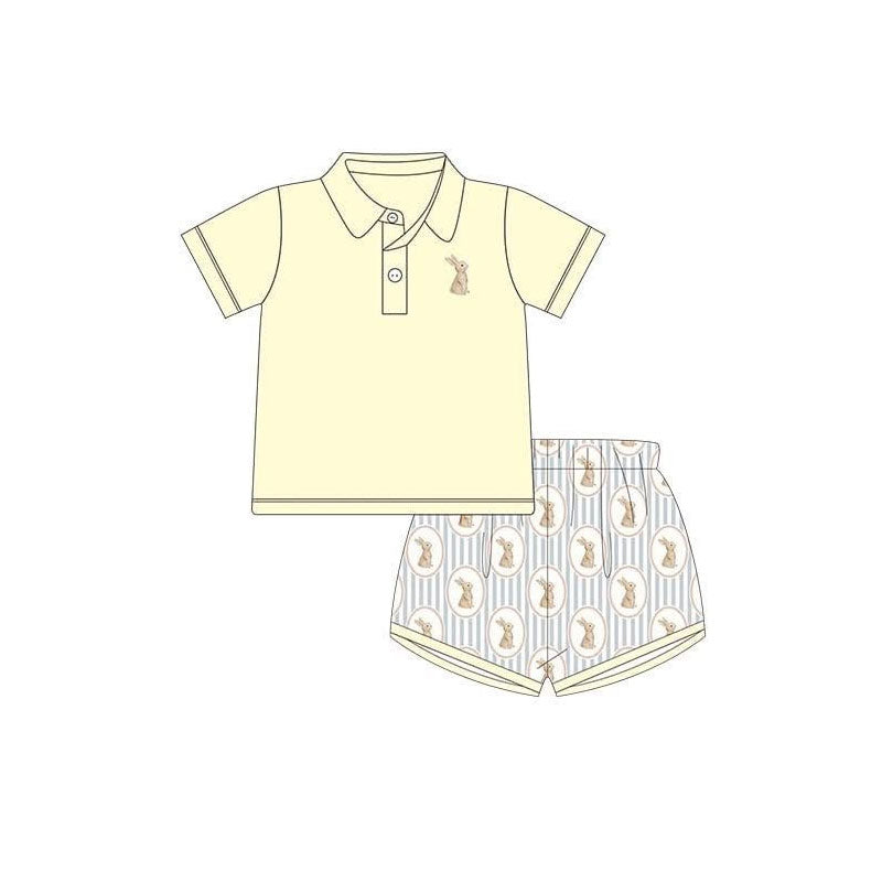MOQ 5 PCS preorder BSSO1705 Easter Bunny Yellow Polo Short-Sleeved Stripe Shorts Boys Sets 202511