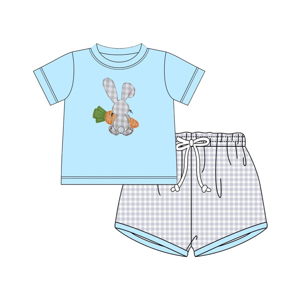 MOQ 5 PCS preorder BSSO1707 Easter Bunny Carrots Blue Short-Sleeved Plaid Shorts Boys Sets 202511