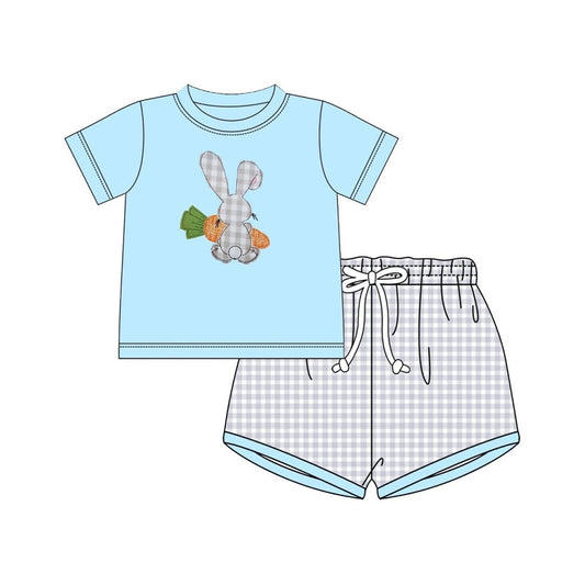 MOQ 5 PCS preorder BSSO1707 Easter Bunny Carrots Blue Short-Sleeved Plaid Shorts Boys Sets 202511