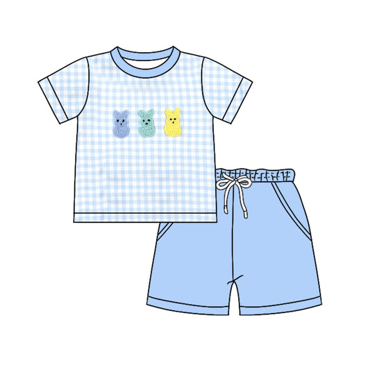 MOQ 5 PCS preorder BSSO1715 Easter Bunny Blue Plaid Short Sleeve Shorts Boys Sets 202511