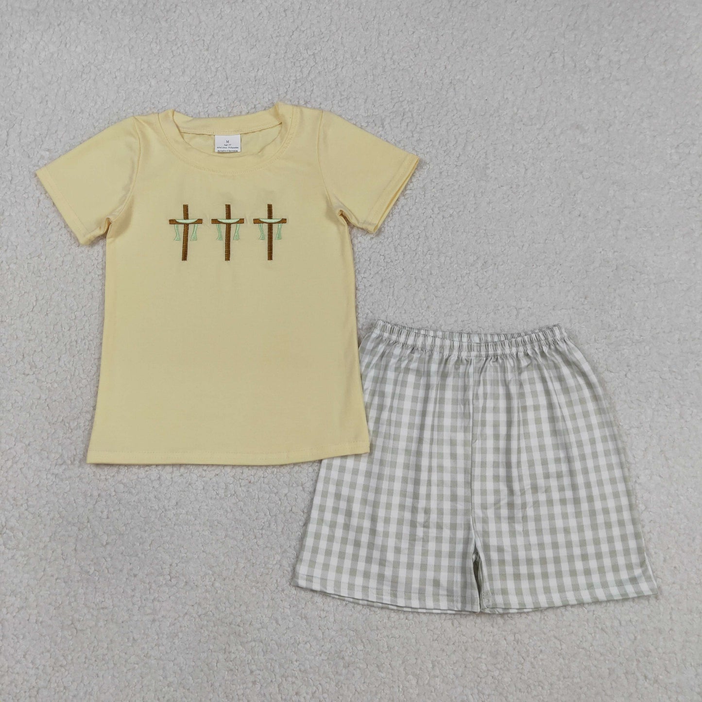 BSSO1717 Embroidered Easter Cross Yellow Short Sleeve Plaid Shorts Boys Sets 202603 RTS