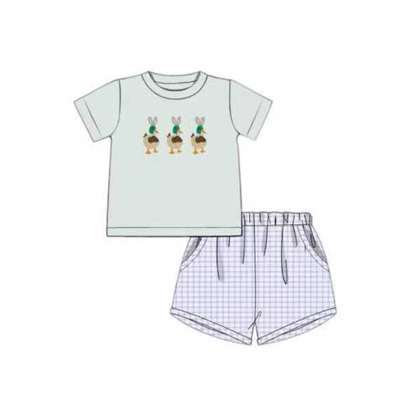 MOQ 5 PCS preorder BSSO1719 Easter Rabbit Ears Duck Blue Green Short Sleeve Plaid Shorts Boys Sets 202511