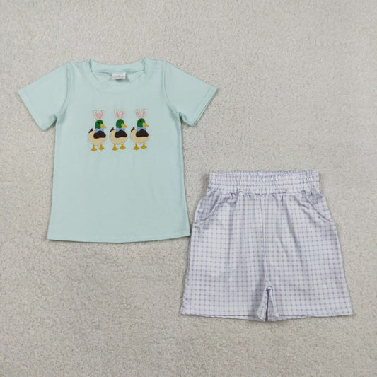 BSSO1719 Embroidered Easter Rabbit Ears Duck Blue Green Short Sleeve Plaid Shorts Boys Sets 202601 RTS