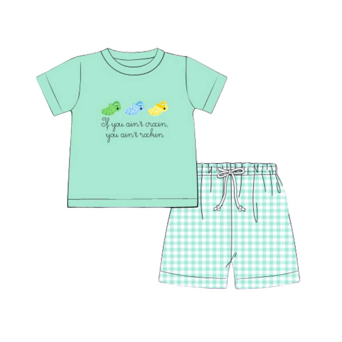 MOQ 5 PCS preorder BSSO1721 Letter Clogs Green Short Sleeve Plaid Shorts Boys Sets 202511