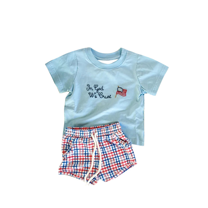 MOQ 5 PCS preorder BSSO1726 4th of July Blue Short Sleeve Plaid Shorts Boys Sets 202511