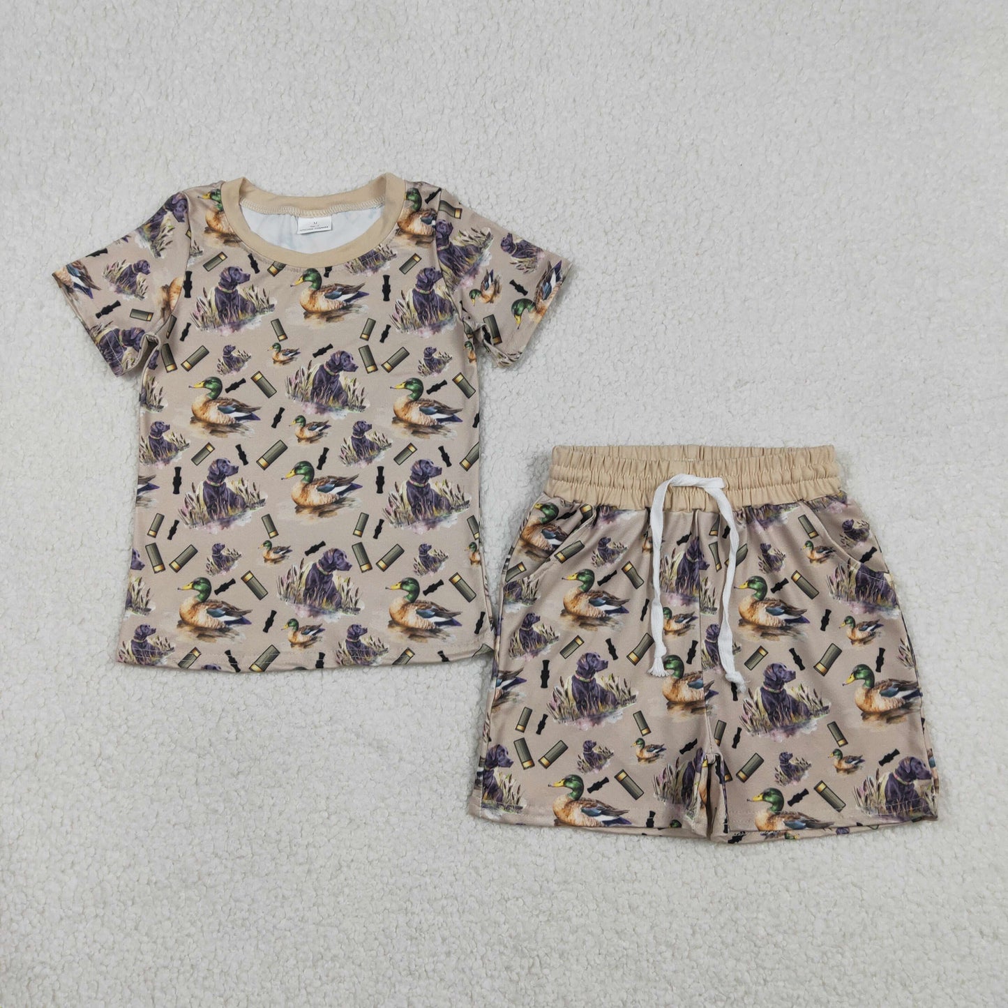 BSSO1727 Puppy Duck Hunting Gray Green Short Sleeve Shorts Boys Sets 202601 RTS