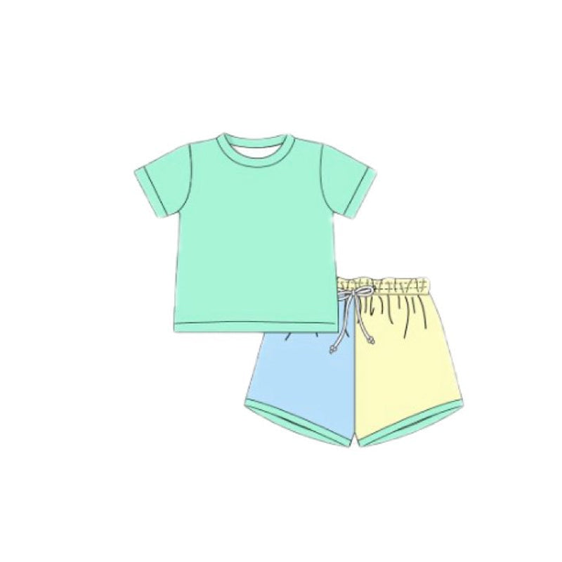 MOQ 5 PCS preorder BSSO1728 Solid Green Short Sleeve Blue Yellow Shorts Boys Sets 202511