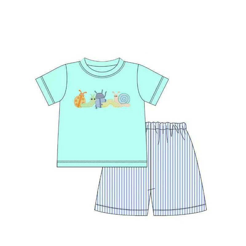 MOQ 5 PCS preorder BSSO1733 Snail Pattern Blue Short Sleeve Stripe Shorts Boys Sets 202511