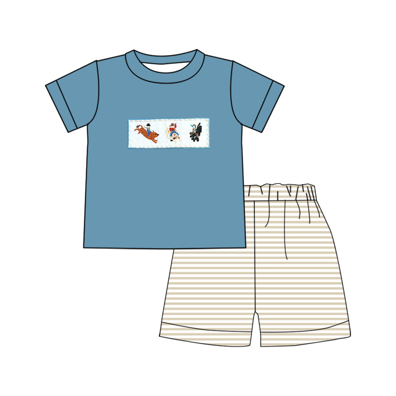 MOQ 5 PCS preorder BSSO1738 Horseback Riding Blue Short Sleeve Stripe Shorts Boys Sets 202511