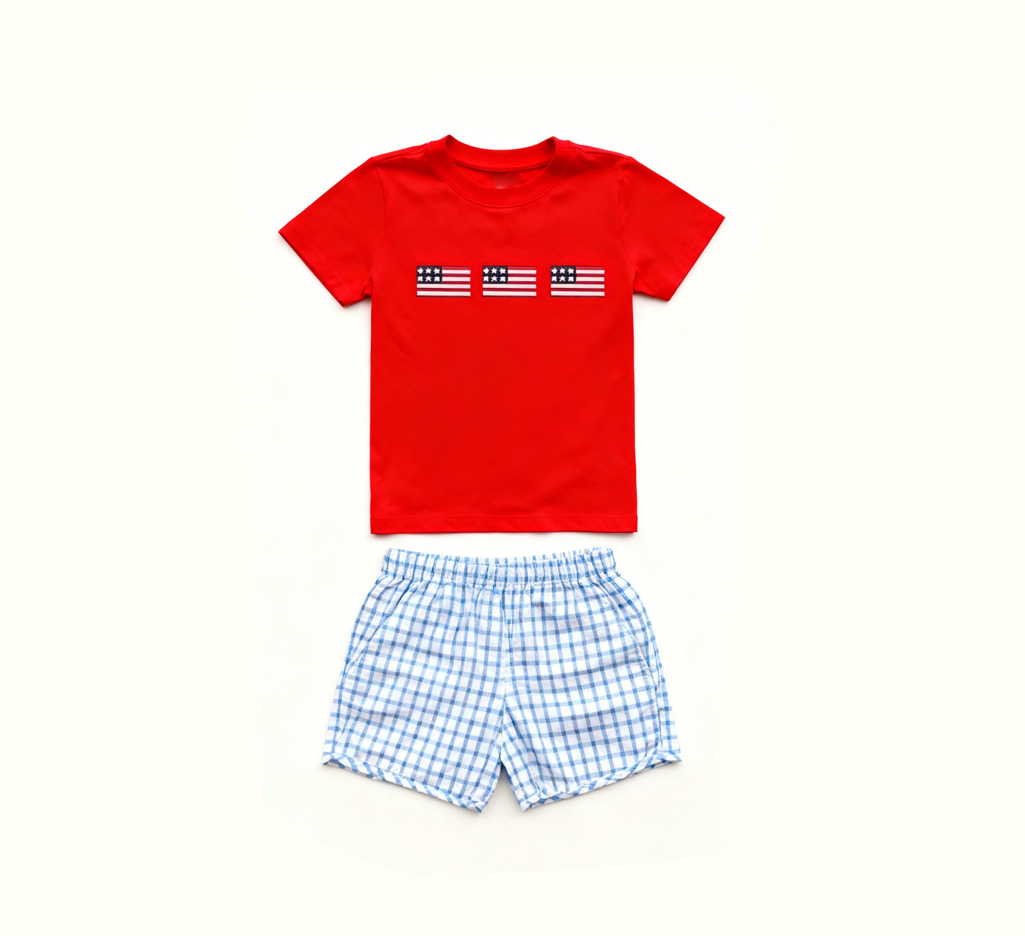 MOQ 5 PCS preorder BSSO1742 4th of July Flag Red Short Sleeve Blue Plaid Shorts Boys Sets 202511