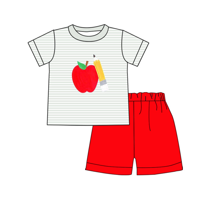 MOQ 5 PCS preorder BSSO1743 Back to School Apple Pencil Gray Stripe Short Sleeve Red Shorts Boys Sets 202511