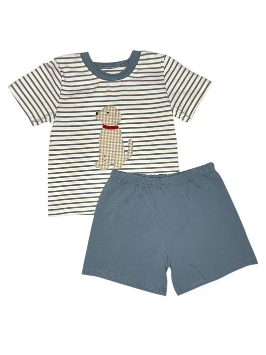 MOQ 5 PCS preorder BSSO1745 Puppy Gray Blue Stripe Short Sleeve Shorts Boys Sets 202511