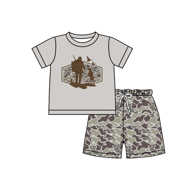 MOQ 5 PCS preorder BSSO1748 Puppy Duck Hunting Gray Short Sleeve Camouflage Shorts Boys Sets 202511