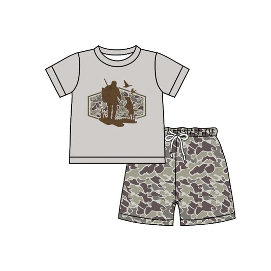MOQ 5 PCS preorder BSSO1748 Puppy Duck Hunting Gray Short Sleeve Camouflage Shorts Boys Sets 202511