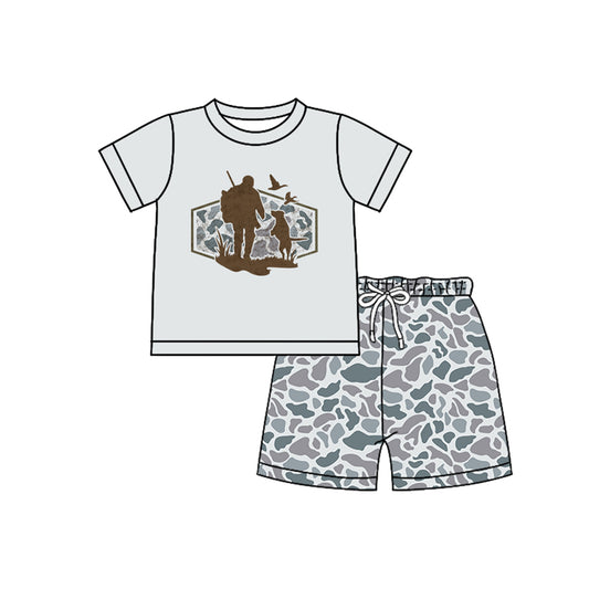 MOQ 5 PCS preorder BSSO1750 Puppy Duck Hunting Short Sleeve Gray Blue Camouflage Shorts Boys Sets 202511