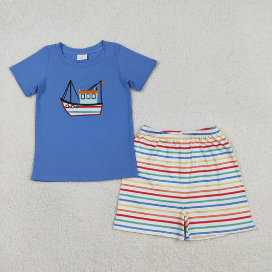 BSSO1754 Embroidered Sailboat Pattern Blue Short Sleeve Stripe Shorts Boys Sets 202601 RTS