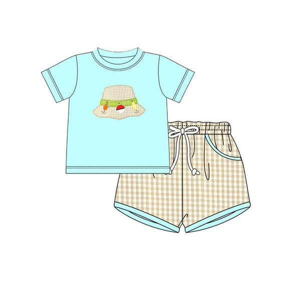 MOQ 5 PCS preorder BSSO1760 Fishing Pattern Short Sleeve Khaki Plaid Shorts Boys Sets 202512