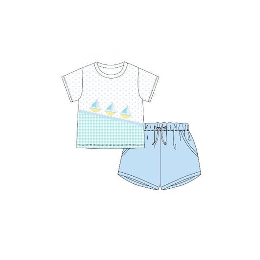 MOQ 5 PCS preorder BSSO1764 Sailboat Dots Plaid Short Sleeve Blue Shorts Boys Sets 202512