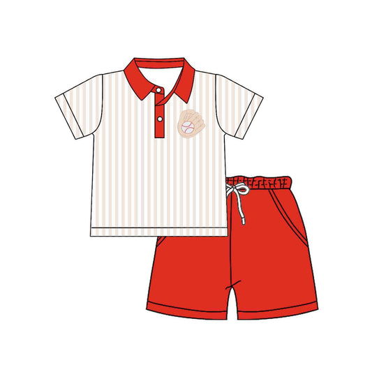 MOQ 5 PCS preorder BSSO1769 Baseball Stripe Red Polo Short Sleeve Shorts Boys Sets 202512