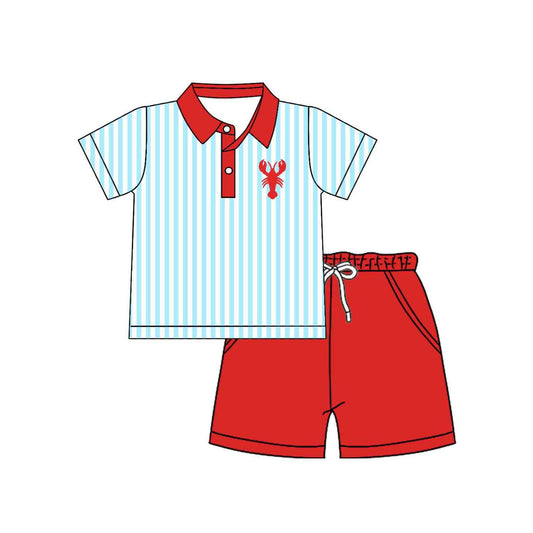 MOQ 5 PCS preorder BSSO1770 Crayfish Blue Stripe Red Polo Short Sleeve Shorts Boys Sets 202512