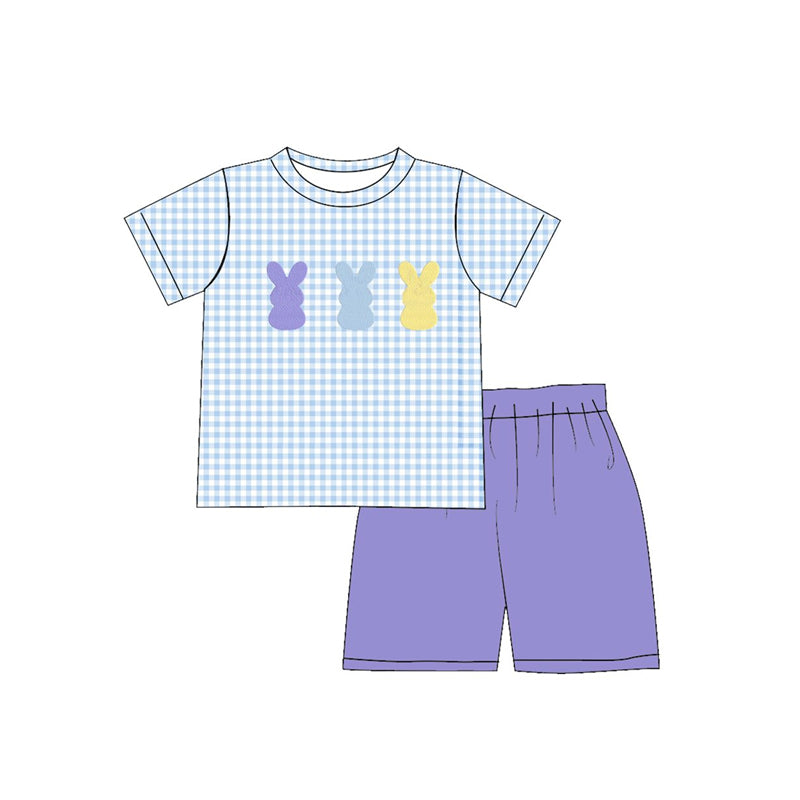 MOQ 5 PCS preorder BSSO1771 Easter Bunny Blue Plaid Short Sleeve Purple Shorts Boys Sets 202512