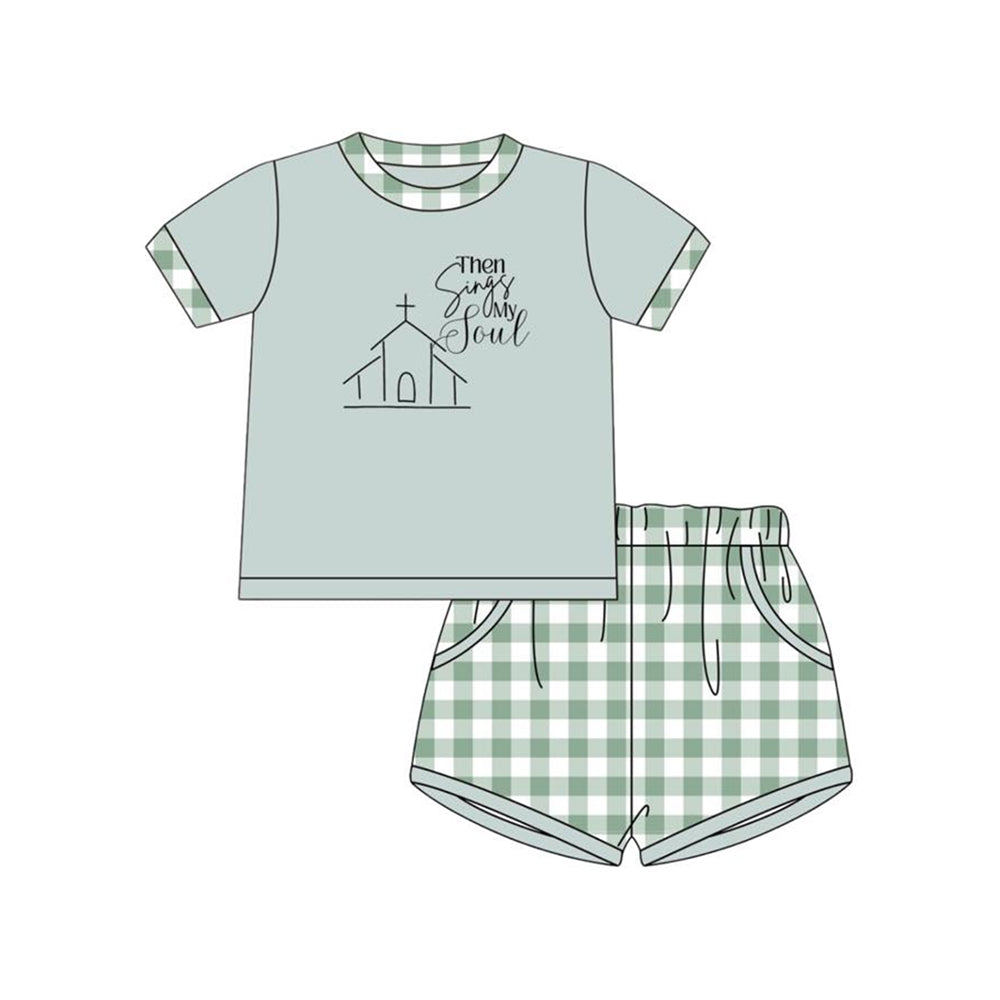 MOQ 5 PCS preorder BSSO1772 Easter Green Plaid Short Sleeve Shorts Boys Sets 202512
