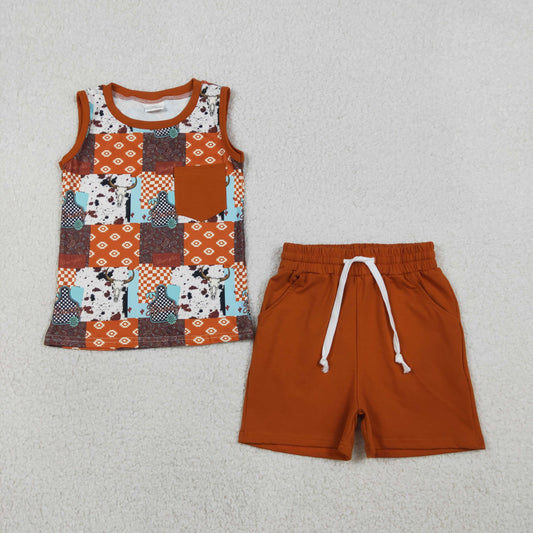 BSSO1773 Geometric Pattern Alpine Bull Head Plaid Orange Brown Pocket Sleeveless Shorts Boys Sets 202601 RTS