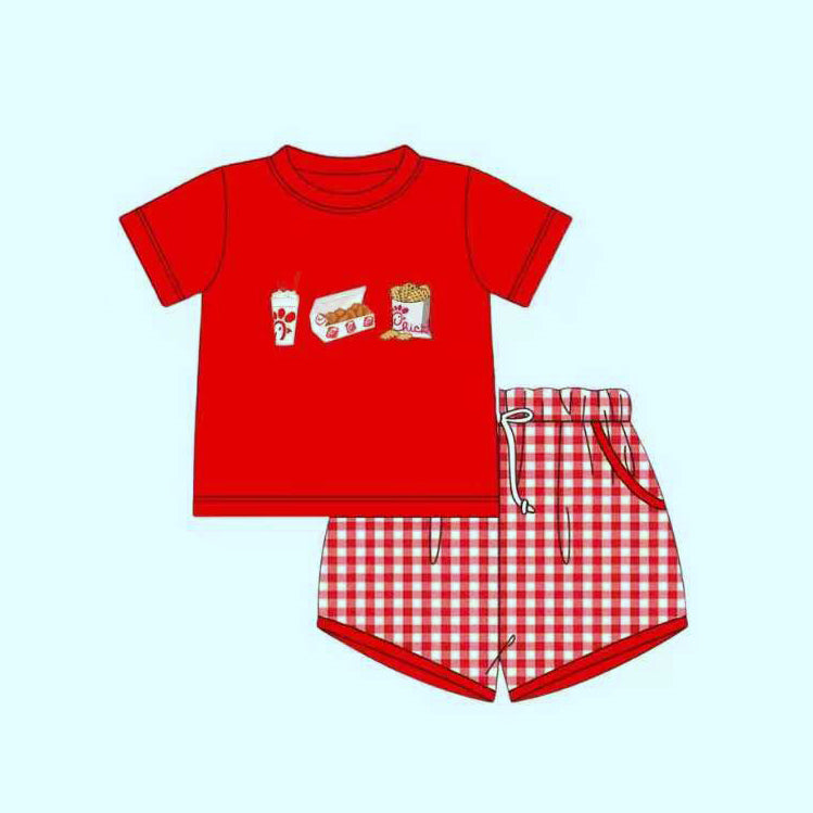 MOQ 5 PCS preorder BSSO1775 Chick Fried Chicken Snacks Red Short Sleeve Plaid Shorts Boys Sets 202512
