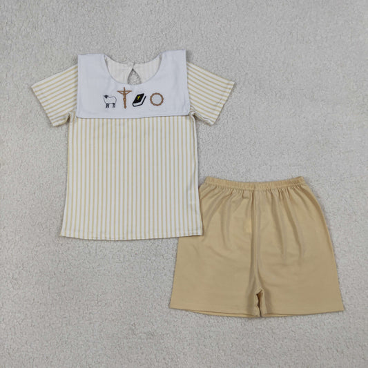 BSSO1777 Embroidered Easter Cross Little Sheep Jesus Bible Khaki Stripe Short Sleeve Shorts Boys Sets 202603 RTS