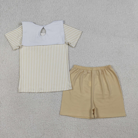BSSO1777 Embroidered Easter Cross Little Sheep Jesus Bible Khaki Stripe Short Sleeve Shorts Boys Sets 202603 RTS