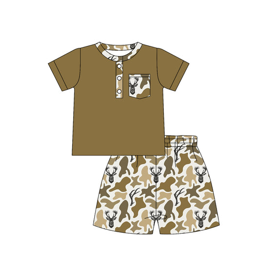 MOQ 5 PCS preorder BSSO1778 Deer Hunting Camouflage Pocket Khaki Short Sleeve Shorts Boys Sets 202512