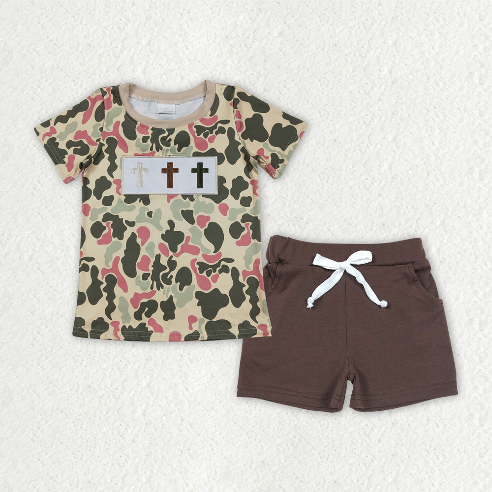 BSSO1780 Embroidered Easter Cross Camouflage Short Sleeve Brown Shorts Boys Sets 202512 RTS