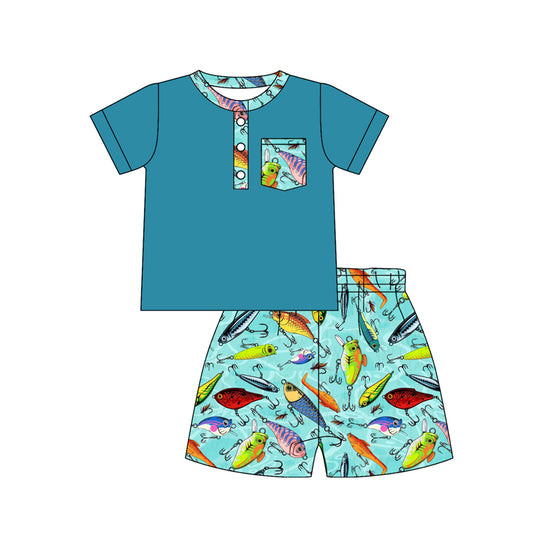 MOQ 5 PCS preorder BSSO1785 Fishing Pocket Blue Green Short Sleeve Shorts Boys Sets 202512