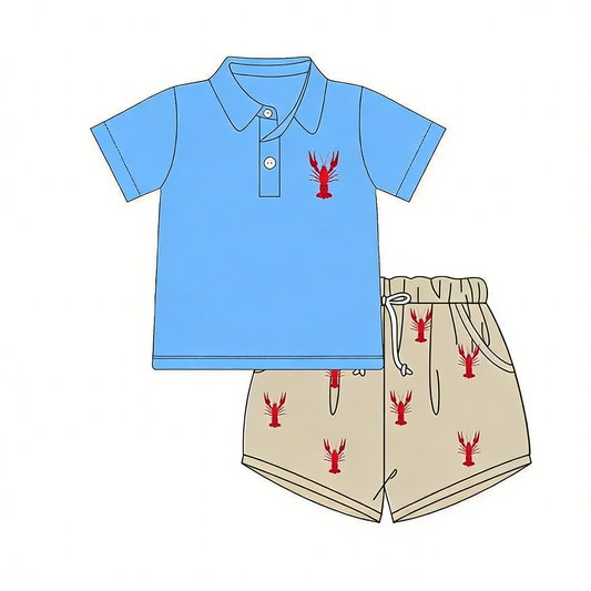MOQ 5 PCS preorder BSSO1786 Crayfish Pattern Blue Polo Short Sleeve Khaki Shorts Boys Sets 202512