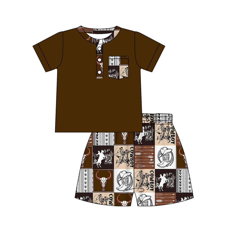 MOQ 5 PCS preorder BSSO1789 Horse Riding Pocket Brown Short Sleeve Shorts Boys Sets 202512