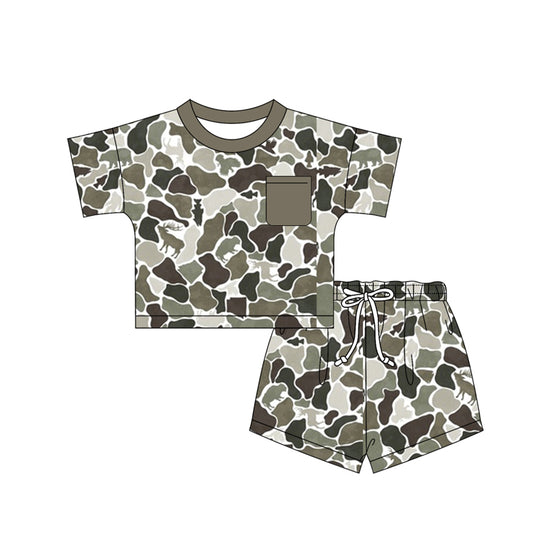 MOQ 5 PCS preorder BSSO1790 Deer Hunting Pocket Army Green Camouflage Short Sleeve Shorts Boys Sets 202512