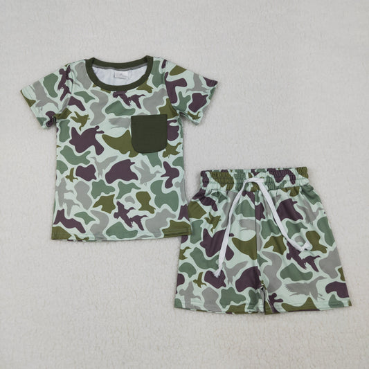 BSSO1793 Duck Hunting Pocket Green Camouflage Short Sleeve Shorts Boys Sets 202604 RTS