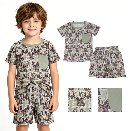 BSSO1794 Deer Hunting Pocket Gray Green Camouflage Short Sleeve Shorts Boys Sets 202604 RTS